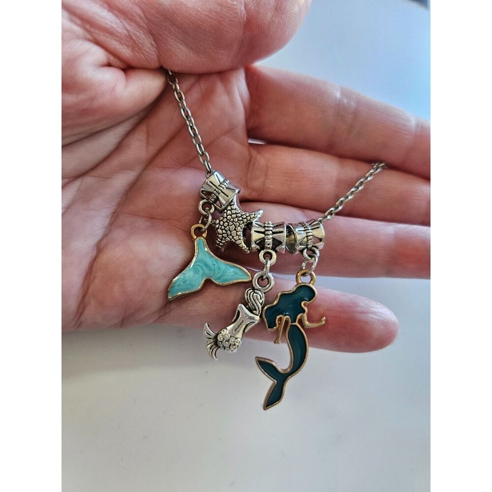 Mermaid charm necklace 18" silver tone blue